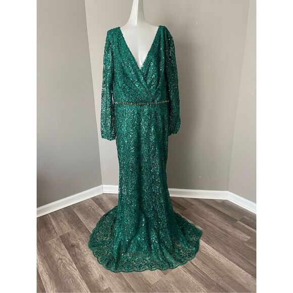 MAC DUGGAL EMBELLISHED WRAP OVER LONG SLEEVE GOWN - Picture 7 of 10